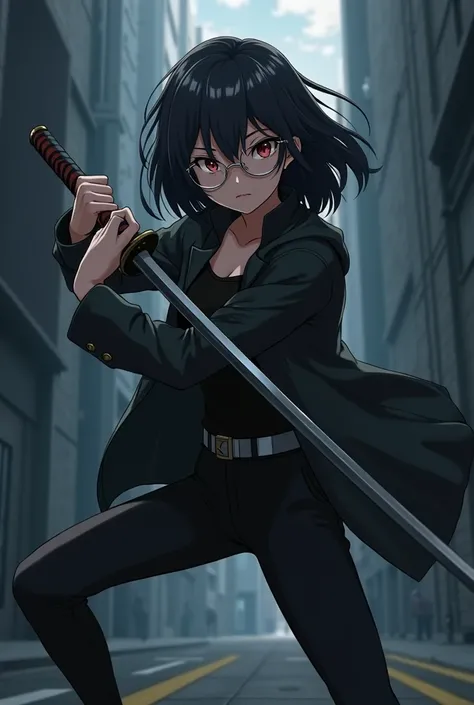 Anime girl using sword (like assassin) wearing glasses