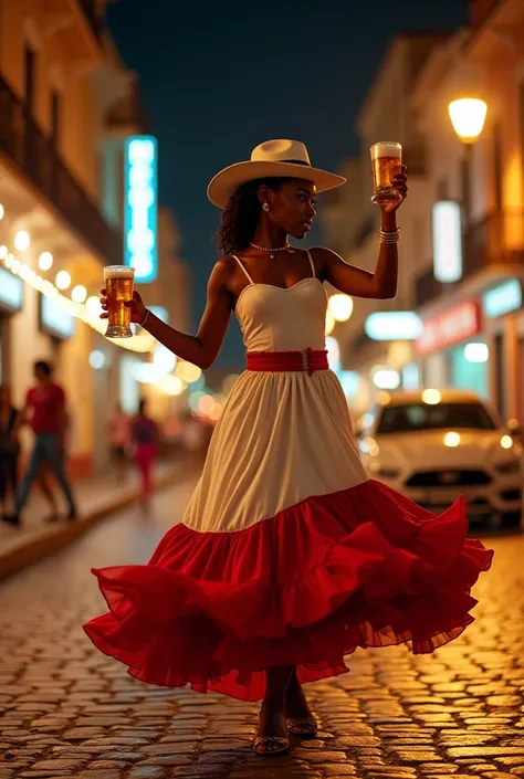  a young black woman wearing a white fedora hat and a long dress divided at the height of the thigh,  with a white upper part and a red and white lower part with a ruffle .  Shes holding a glass of beer, She is sambando on a cobblestone street at night . I...