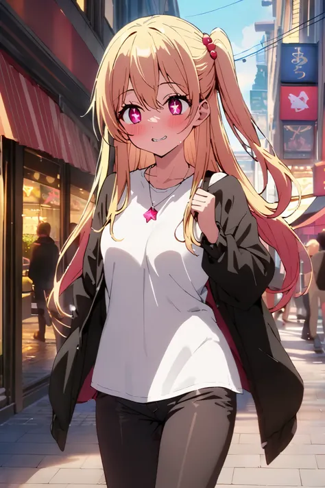 NSFW,masterpiece, top quality , high res, very detailed,Hoshino Ruby(My Favorite ),Star-shaped pupils, long hair, side ponytail,Blonde, casual clothes,Date,bustling street