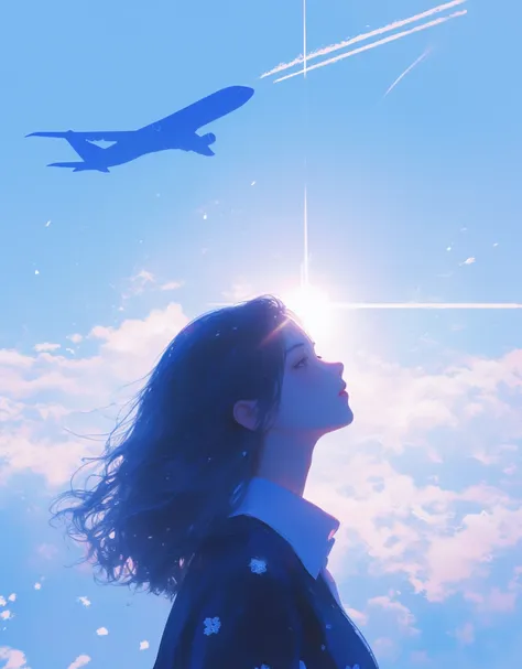 Illustration of an airplane flying in the distant sky, silhouette of the plane, contrails coming out slightly from the back of the plane. Dreamy, Japanese summer setting, sunlight overlapping with an airplane, lens flare, blurry field, soft focus, girl loo...