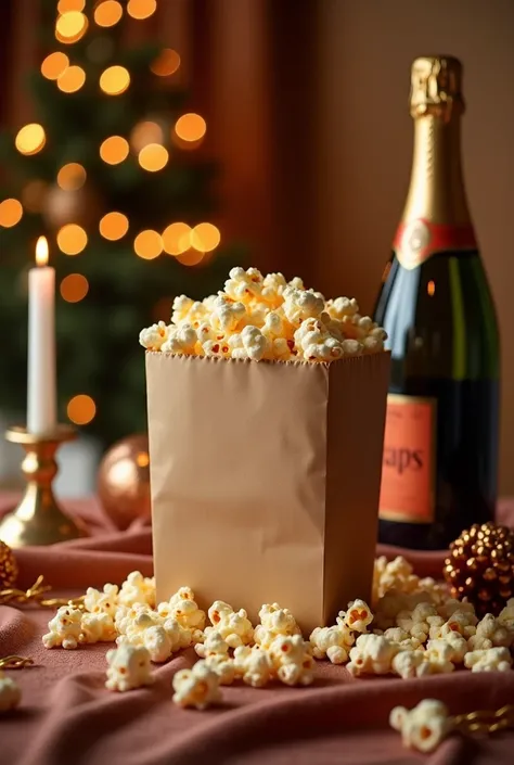 un paquet de popcorn sur une table avec du champagne et une ambiance festive de fin dannée en fond. mettre la photos pour un format facebook