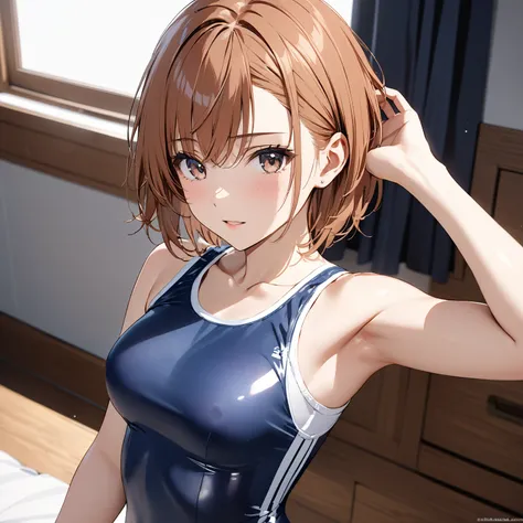 ( cute),  Shorthair,  school swimsuit, (Misaka Mikoto), masterpiece:1.5, masterpiece, highest quality, UHD, retina, masterpiece, accurate anatomy, super detailed, high quality, best quality, 8k