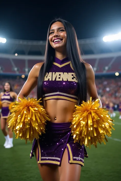 A 26-year-old woman with long straight black hair ,  Thick lips, hourglass silhouette, small waist, defined and marked abdomen, she wearing a dark purple cheerleader uniform made of sequins with a high neck collar and ‘RAVENNES’ written in the center, a mi...