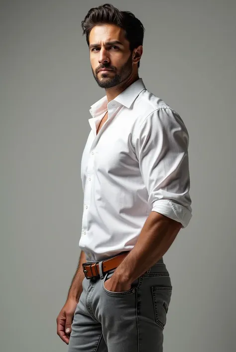 Carlos Caves,  sexy and stylish man in white shirt and light gray jeans,   45 years old ,  brown belt , big muscles ,  tall and muscular ,  looking at the camera  (((big ass)) back,  in profile  