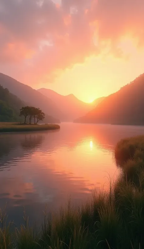 A hyper-realistic, cinematic depiction of a tranquil landscape bathed in the first light of dawn. The sun peeks over the horizon, casting soft golden rays that illuminate the scene with a warm, ethereal glow. Rolling hills stretch into the distance, their ...