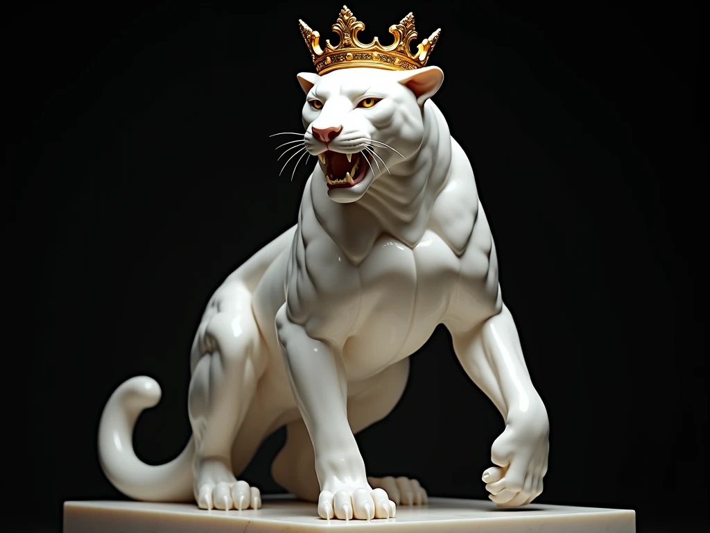 a marble statue of a leopard wearing a gold crown in a black background