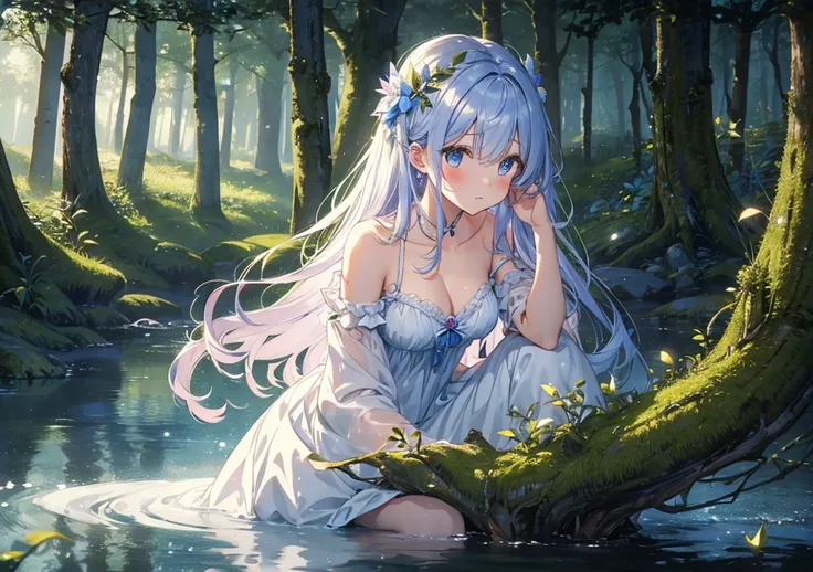 A beautiful girl bathed in moonlight in a fairy tale worldA
beautiful girl sits quietly bathed in moonlight in the forest at night. Her dress reflects the light and is made of fluffy material, and her hair sparkles in the moonlight. In the background, the ...