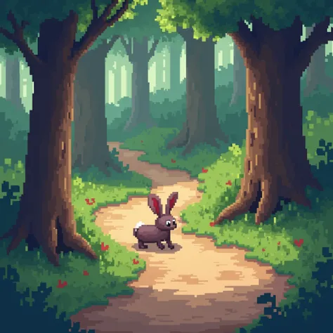 A pixelated rabbit crossing the path while the character is on a trail.