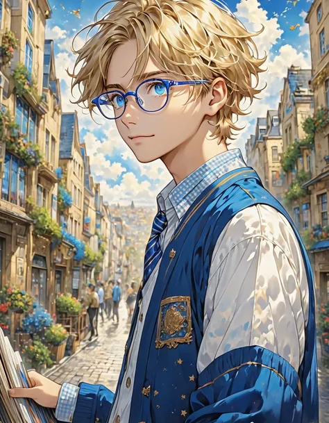 A boy with golden hair and blue eyes wears glasses and his hair is slightly short and untidy He looks like a bookboy
