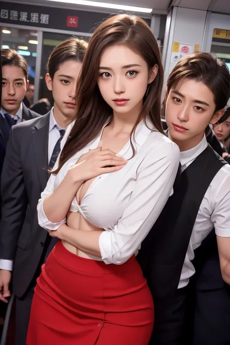 (( white shirt))、 ((red skirt ))、 ((office lady uniform ))、 J-cup large breasts、Beautifully shaped breasts、slender、 Outstanding Style 、Tight tops、Open chest、Emphasizes the fullness of the chest、Cleavage、Beautifully shaped breasts 、Open chest、Breast enlarge...