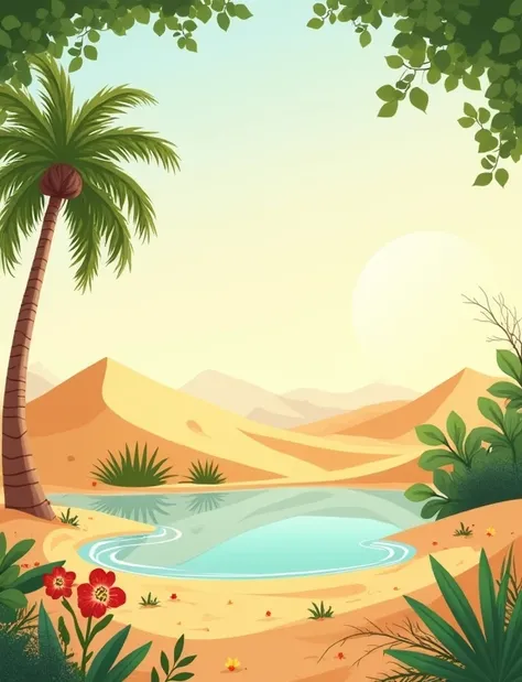 A cheerful ren’s book background illustration of a peaceful desert oasis. At the bottom and corners, include soft sand dunes with small desert flowers blooming and a palm tree leaning slightly into the frame. Add subtle ripples in a small pool of water to ...