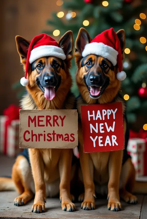 Two German shepherd dogs with Santas caps sitting each other smiling, left german shepherd with a sign held by mouth saying MERRY CHRISTMAS, right germand shepherd with a sign held by mouth saying HAPPY NEW YEAR,  Christmas trees in the background and pres...