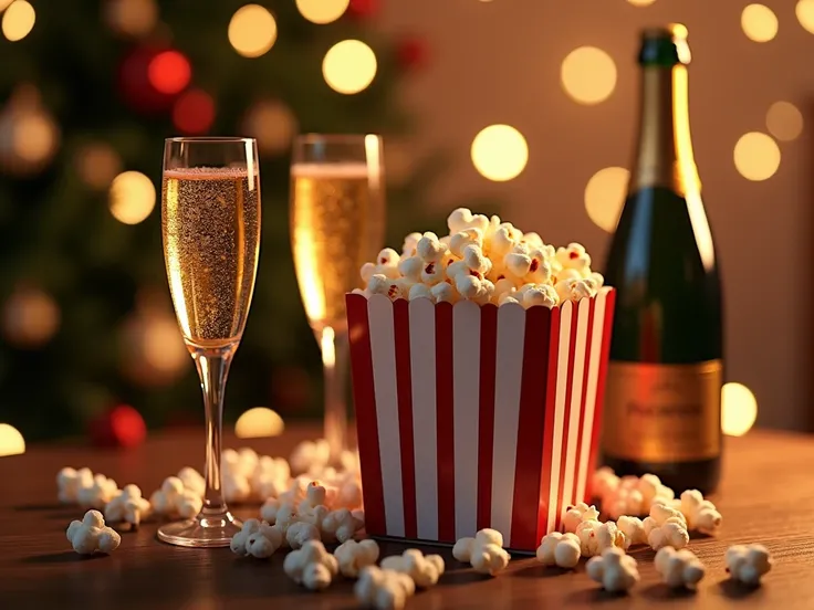 un paquet de popcorn sur une table avec du champagne et un verre de champagne et une ambiance de fêtes en fond, nouvel an, noel 