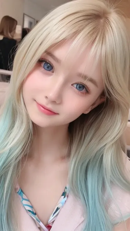 Very beautiful young face that shines for the first time 、 very beautiful face、 beautiful girl with very white blondes 、super vibrant super long silky shiny metallic butter platinum blondes hair、 super long straight silky hair 、 messy bangs sexy cute girl ...