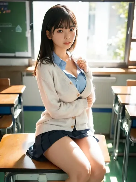 ((classroom)), ((Sitting with legs crossed)), (nsfw), ((masterpiece)), ((Best Quality)), (Super detailed), cute, (device), ((Very detailed)), 4K, (8k), Best Quality, (beautiful), Genuineistic, Genuine, Angry face,Tears, bangs,Small breasts,School Costume,S...