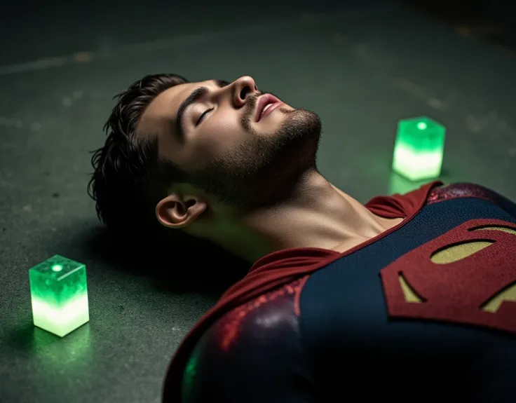 Cody Christian attractive, muscular, with short beard, dressed in a Superman costume, red belt and red boots, with his head tilted slightly upward and his eyes closed, He lies on the floor, with an expression of pain, along with small bright green crystals...