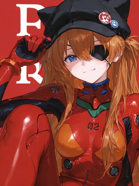 (masterpiece,  top quality ),    1 girl, ,   Neon Genesis Evangelion 、   Shikinami Asuka Langley、   red plug suit   、   eye patch、(Cat hat、black)、smile、   posing