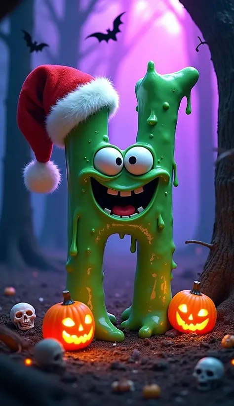 "A spooky and funny Halloween-themed letter H standing upright in a dark, eerie forest. The letter is green and slimy, with melting textures, big cartoonish eyes, and a goofy, slightly scary expression. On one of its upper ends, a classic Santa Claus hat (...