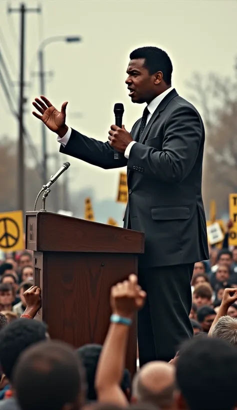 "Muhammad Ali passionately speaking to a diverse crowd during an anti-war protest, 1960s, wearing a tailored dark suit and tie, standing on a podium with a microphone in hand, banners and signs with peace messages in the background, people of all ages and ...