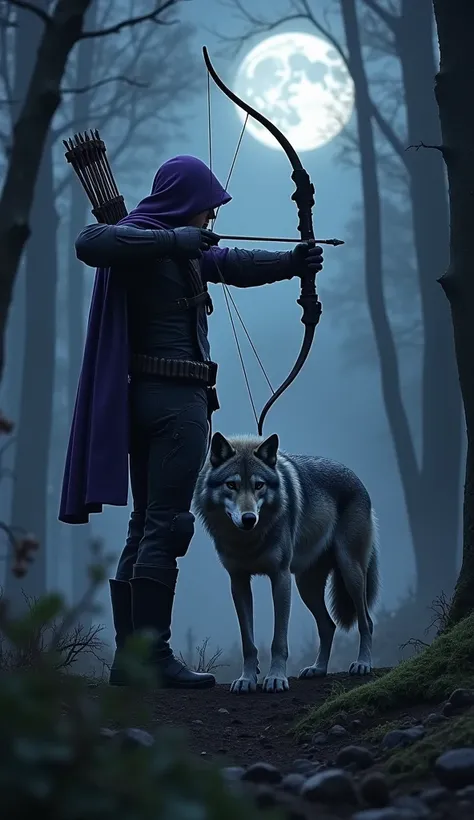 Create an intense image of Hawkeye and a Wolf standing together in a dark, moonlit forest. Hawkeye, in his purple tactical suit, stands with his bow drawn, aiming it at an unseen target. His stance is poised and ready, his eyes focused with unwavering prec...