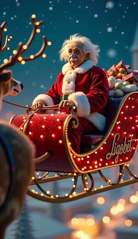 Albert Einstein, with his face clearly visible and accurately detailed, is dressed as Santa Claus. He is riding in a red sleigh adorned with festive lights, flying through the air with reindeer harnessed in front. The word "Ligobet" is prominently and corr...