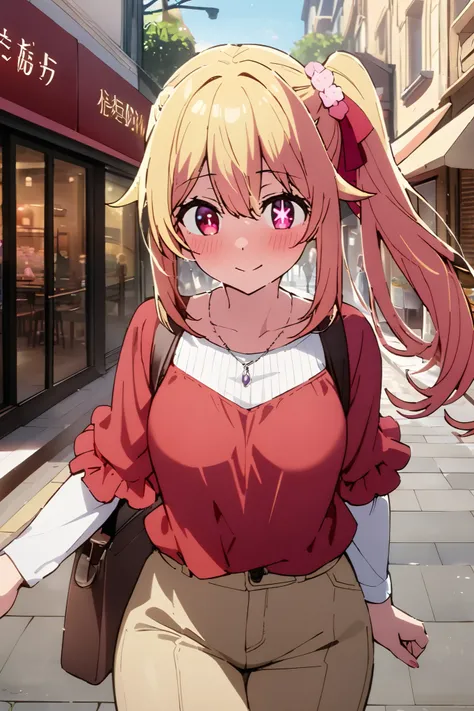 NSFW,masterpiece, top quality , high res, very detailed,Hoshino Ruby(My Favorite ),Star-shaped pupils, long hair, side ponytail,Blonde, casual clothes,Date,bustling street