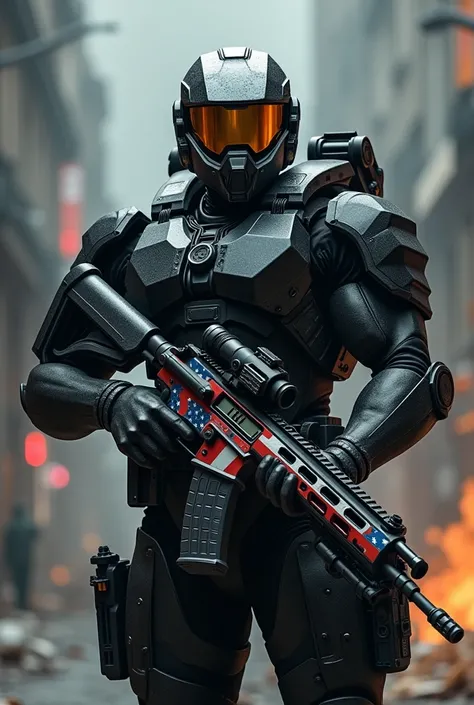 A muscular warrior wearing a sleek black armor suit, with a helmet featuring a bald eagle design, holding a high-tech rifle with stars and stripes.