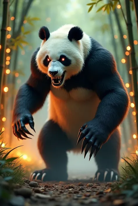  The image presents a hybrid creature with characteristics of a giant panda .  It has an aggressive and muscular appearance ,  with glowing red eyes and a fierce expression showing pointed teeth. Its claws are long and sharp,  and the surrounding scenery i...