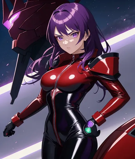 1girl, beautiful anime fighter girl, red and black leather catsuit, dark green shoulder pads, A cool ace pilot with shoulder-length purple hair and purple eyes, 8k, high quality, award-winning artwork
