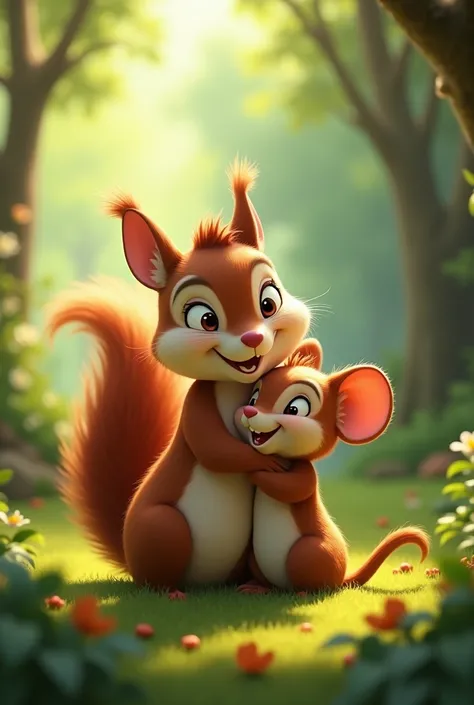 A squirrel huging a brown mouse in the forest animated for preescool they are the same size
