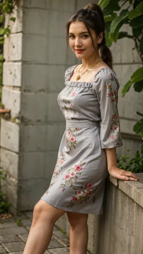 ((full body view)) a beautiful woman, age 18, red lips, wearing a gorgeous grey midi knee length dress, the dress is beautifully embroidered, and the dress has beautiful printed floral, ruffled, and sleeve is puffed, she wears a dangling beautiful gold jew...