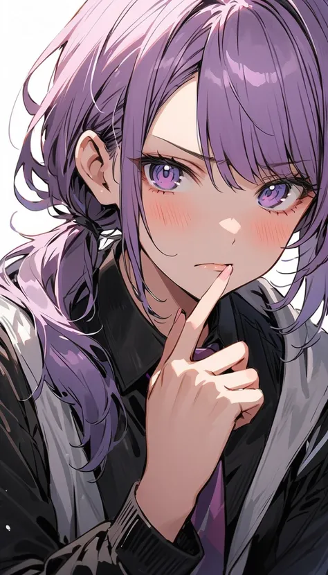  beauty ,　 Annoyed Look , frowning eyes, Blusher, Alone,  26-year-old mature woman from the athletics department, A short Short low ponytail, with side-swept bangs, neatly framing the face, Purple hair, black suit,  black shirt,  Purple Necktie ,  immacula...