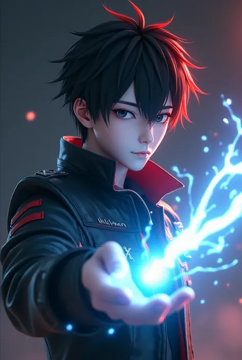 3D, realistic, full HD, handsome Thailand young man, white skin, short black hair Sasuke style with red ends, wearing a black leather jacket  that says "IKHWAN", one hand emits white blue lighting thunder,dark bright light dust effect