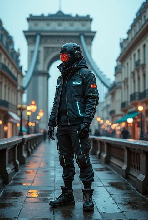 Techno gamer stand in Paris famous bridge at illusion