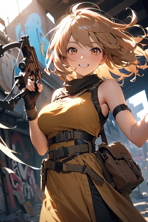 1 girl, (cute face), teenager, short bob hairstyle, (cheerful expression), large breasts, fit, (wearing a post-apocalyptic warrior outfit:1.2), armored skirt, fingerless gloves, (holding a crossbow), 
BREAK 
urban wasteland, graffiti walls, abandoned vehic...