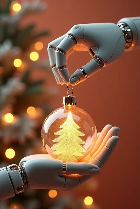  A robotic white hand holds a glass Christmas tree bag in its hand.  Special attention to textures and small details . Great shine on the tree bag .  Warm image in typical Ikea colors 