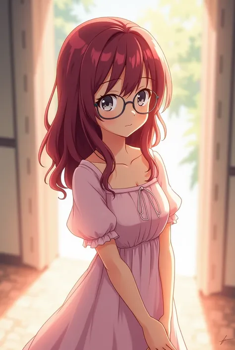 One girl, Fairy Tail style, Erza Scarlett style, cute, shy, glasses, maroon hair, gray eyes, delicate dress