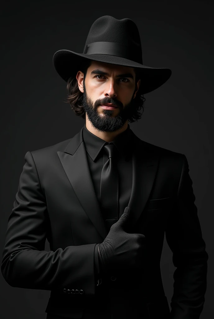 To be specific a handsome 25 years old with long beard and hair wearing an all black suit with black hat and gloves