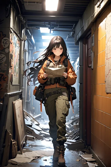 1 girl, (cute face), teenager, wavy long hair, (serious expression), medium breasts, athletic build, (wearing a post-apocalyptic scout outfit:1.2), cargo pants, utility vest, (backpack), 
BREAK 
abandoned subway station, flickering lights, graffiti, (exami...