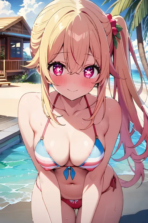 NSFW,masterpiece, top quality , high res, very detailed,Hoshino Ruby(My Favorite ),Star-shaped pupils, long hair, side ponytail,Blonde, bikini,beach, palm trees,Beach House