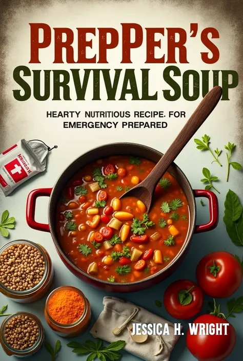 **Prompt for a Professional and Attention-Catching Book Cover:**  

Create a compelling book cover for *Prepper’s Survival Soup: Hearty Nutritious Recipes for Emergency Preparedness*. Use a clean, organized design with a focus on practicality and warmth. F...