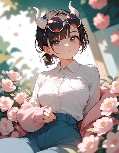 girl,Short hair, black hair, medium breasts ,, short ponytail , White Long Sleeve Shirt , Wear Pink Aprons,White Rounded Horns , Wear Round Sunglasses ,cute, medium breasts 