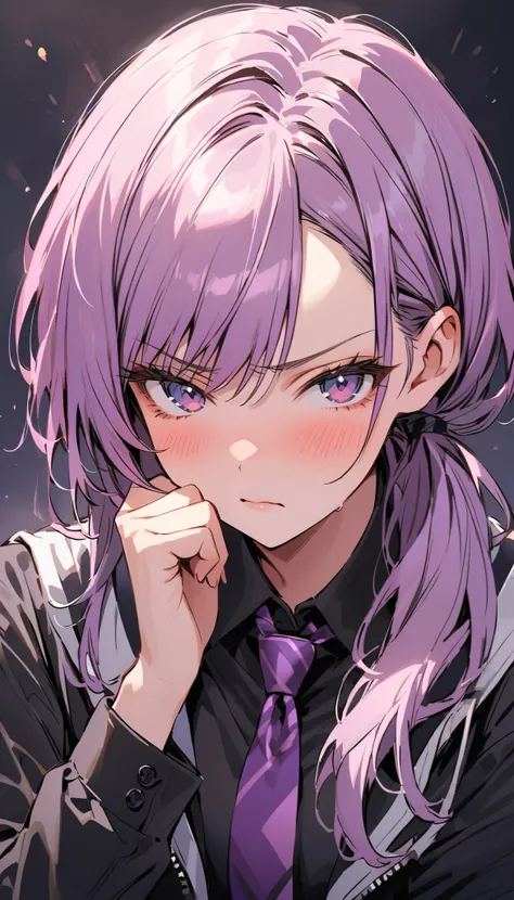  beauty ,　 Annoyed Look , frowning eyes, Blusher, Alone,  26-year-old mature woman from the athletics department, A short Short low ponytail, with side-swept bangs, neatly framing the face, Purple hair, black suit,  black shirt,  Purple Necktie ,  immacula...