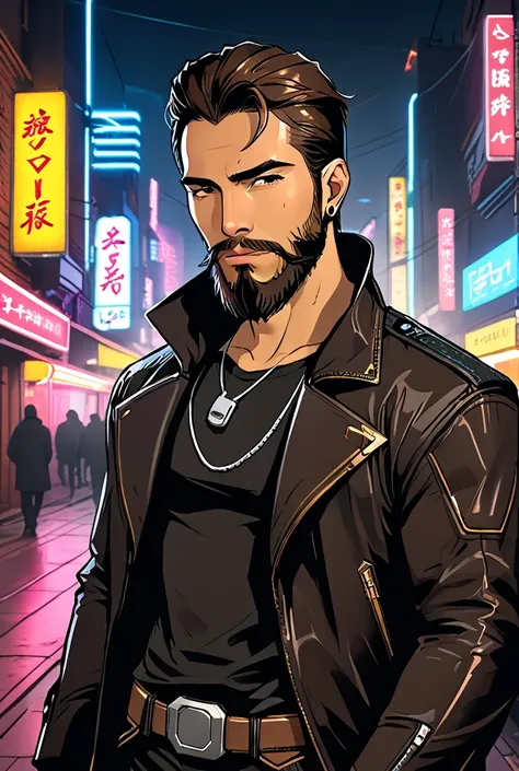  cowboy、Black clothes、 cool 、brown beard 、night、 man、The background is cyberpunk、 handsome