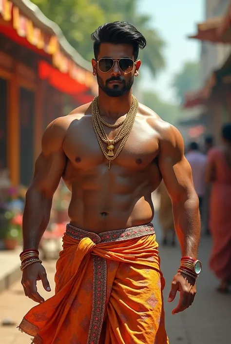 Generate full body image of a man having fit masculine body wearing south indian attire wearing sunglasses and wearing golden chains 