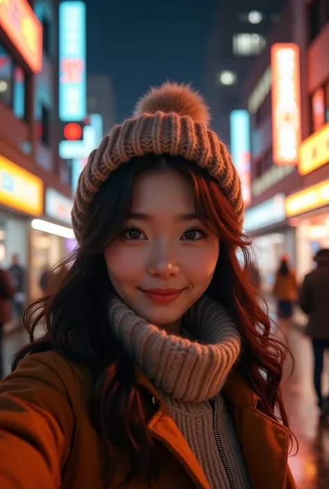 Office district at night。A fair-skinned young korean woman wearing a winter clothes。Smiling。Selfie-style images , korean streets