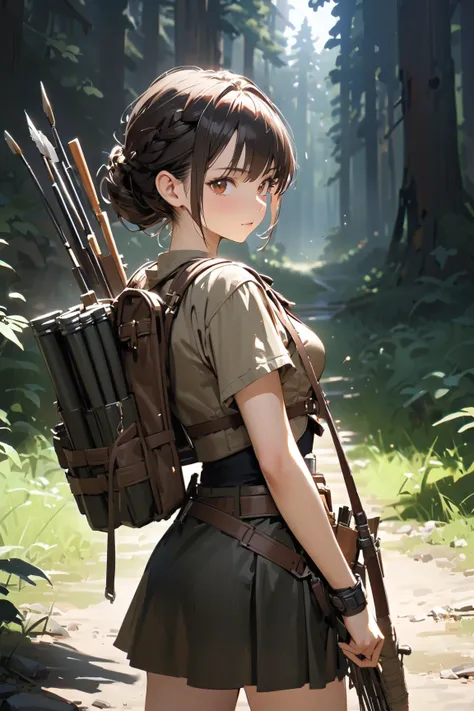 1 girl, (cute face), young adult, braided hairstyle, (determined gaze), small breasts, slender, (wearing a post-apocalyptic archer outfit:1.2), leather skirt, fitted top, (quiver on back), 
BREAK 
dense forest, overgrown ruins, (drawing a bow:1.2), (focuse...