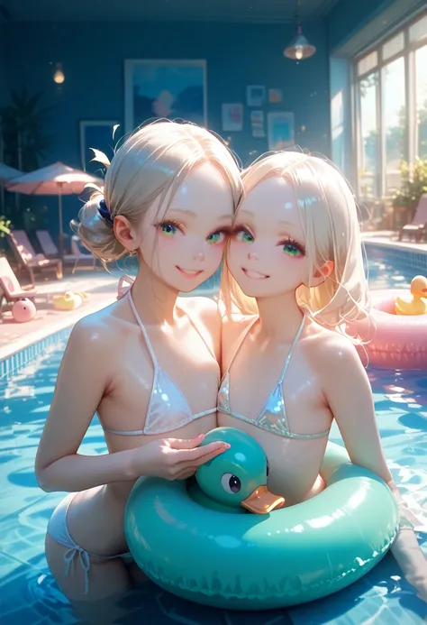 pool, Swimming Circle, Duck toys float, Girl in bikini rejoices, Looks at the Viewer ,2girls,((flat chest)),((breast press)),((forehead)),side by side,smile,white micro bikini,white stocking,looking at viewer
