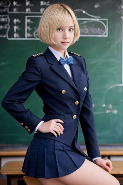  1 woman , high school girl,  clevis on a stone,Blonde, Shorthair, See uniforms ,‎Classroom, in front of a blackboard , sexy poses