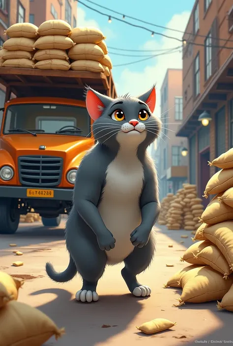 The gray cat works as a loader unloading sandbags, his right ear is broken. The Disney style